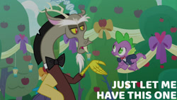 Size: 1280x720 | Tagged: safe, edit, edited screencap, editor:quoterific, imported from derpibooru, screencap, discord, spike, draconequus, dragon, season 9, the big mac question, spoiler:s09, flying, male, open mouth, winged spike, wings