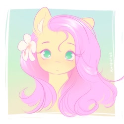 Size: 1500x1500 | Tagged: safe, artist:katputze, imported from derpibooru, fluttershy, pegasus, pony, bust, cute, ear fluff, eyebrows, eyebrows visible through hair, eyelashes, female, flower, flower in hair, front view, full face view, head tilt, looking at you, mare, no pupils, pastel colors, portrait, shyabetes, solo, stray strand