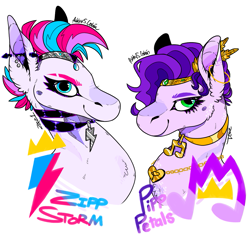 Size: 1161x1098 | Tagged: safe, artist:bloodybagels, imported from derpibooru, pipp petals, zipp storm, pegasus, pony, adorapipp, adorazipp, bust, cute, duo, duo female, ear piercing, earring, female, g5, goth pipp, goth zipp, jewelry, mare, my little pony: a new generation, necklace, piercing, portrait, royal sisters (g5), siblings, simple background, sisters, text, white background