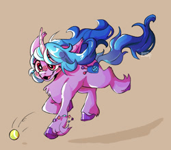 Size: 1430x1251 | Tagged: safe, artist:sootslash, imported from derpibooru, izzy moonbow, pony, unicorn, ball, behaving like a dog, brown background, female, g5, mare, my little pony: a new generation, shadow, simple background, solo, tennis ball