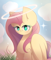 Size: 1666x1950 | Tagged: safe, artist:miryelis, imported from derpibooru, fluttershy, pegasus, pony, :3, cloud, cute, female, grass, halo, looking at you, mare, nimbus, sitting, smiling, smiling at you, solo, sparkles, wings