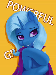 Size: 3543x4724 | Tagged: safe, artist:lin feng, imported from derpibooru, trixie, pony, unicorn, absurd resolution, female, grin, looking at you, mare, simple background, smiling, smiling at you, solo, yellow background