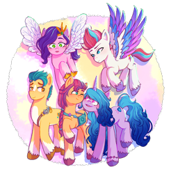 Size: 1048x1065 | Tagged: safe, artist:mistressmiska, imported from derpibooru, hitch trailblazer, izzy moonbow, pipp petals, sunny starscout, zipp storm, earth pony, pegasus, pony, unicorn, female, g5, group, male, mane five (g5), mare, my little pony: a new generation, stallion