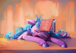 Size: 3920x2748 | Tagged: safe, artist:inkhooves, imported from derpibooru, izzy moonbow, pony, unicorn, book, female, g5, high res, japanese, mare, my little pony: a new generation, sleeping, solo