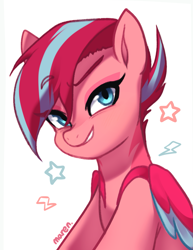 Size: 1333x1724 | Tagged: safe, artist:maren, imported from derpibooru, zipp storm, pegasus, pony, alternate design, alternate hairstyle, concept art, female, g5, grin, mare, my little pony: a new generation, redesign, simple background, smiling, solo, white background