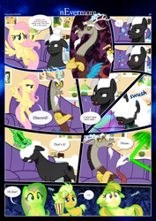 Size: 3259x4607 | Tagged: safe, artist:estories, imported from derpibooru, discord, fluttershy, oc, oc:alice goldenfeather, oc:fable, oc:möbius, draconequus, earth pony, pegasus, pony, unicorn, comic:nevermore, angry, brother and sister, comic, couch, energy blast, female, food, glowing, high res, horn, male, pegasus oc, popcorn, siblings, speech bubble, unicorn oc