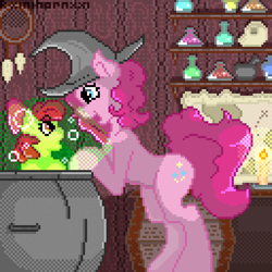 Size: 1280x1280 | Tagged: safe, artist:rainihorn, imported from derpibooru, apple bloom, pinkie pie, earth pony, pony, bottle, bow, cauldron, female, hat, map, mare, pinkie's brew, pixel art