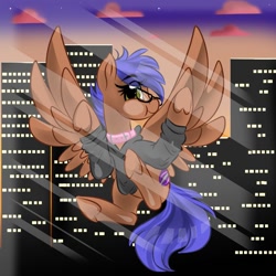 Size: 1000x1000 | Tagged: safe, artist:jen-neigh, imported from derpibooru, oc, oc only, oc:odyssey flash, pegasus, pony, city, cityscape, clothes, female, hoodie, solo, underhoof, wallpaper, window