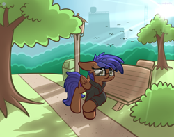 Size: 3250x2560 | Tagged: safe, artist:php142, imported from derpibooru, oc, oc only, oc:odyssey flash, pegasus, pony, bench, bush, city, clothes, day, eyelashes, female, floppy ears, folded wings, glasses, high res, hoodie, outdoors, park, shading, sky, smiling, solo, sun, tree, wings