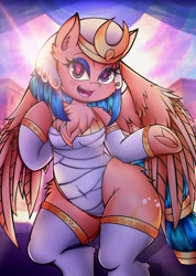 Size: 2910x4096 | Tagged: safe, artist:canvymamamoo, imported from derpibooru, somnambula, pegasus, semi-anthro, belly button, breasts, chest fluff, clothes, crepuscular rays, ear fluff, egyptian, egyptian headdress, egyptian pony, eyeshadow, female, frog (hoof), looking at you, makeup, open mouth, smiling, socks, solo, stockings, thigh highs, underhoof, wrapping