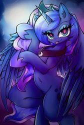 Size: 2747x4096 | Tagged: safe, artist:canvymamamoo, imported from derpibooru, princess luna, alicorn, semi-anthro, :p, belly button, breasts, chest fluff, ear fluff, female, hoof shoes, jewelry, lidded eyes, peytral, regalia, smiling, solo, tongue out