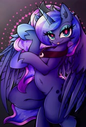 Size: 2747x4096 | Tagged: safe, alternate version, artist:canvymamamoo, imported from derpibooru, princess luna, alicorn, semi-anthro, :p, abstract background, belly button, breasts, chest fluff, ear fluff, female, hoof shoes, jewelry, lidded eyes, peytral, regalia, smiling, solo, tongue out