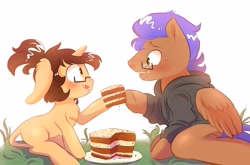 Size: 3522x2324 | Tagged: safe, artist:482egg, imported from derpibooru, oc, oc:kitbasher, oc:odysseyflash, pegasus, unicorn, cake, clothes, food, glasses, high res, hoodie, looking into each others eyes, smiling