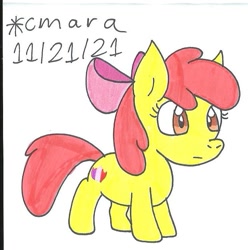 Size: 733x739 | Tagged: safe, artist:cmara, imported from derpibooru, apple bloom, earth pony, pony, apple bloom's bow, bow, female, filly, hair bow, solo, traditional art