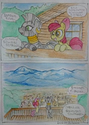 Size: 1465x2048 | Tagged: safe, artist:daisymane, imported from derpibooru, apple bloom, zecora, earth pony, zebra, comic, female, filly, foal, japanese, mountain, mountain range, scenery, traditional art