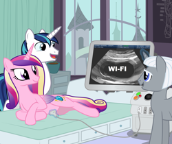 Size: 2500x2100 | Tagged: safe, artist:anarchemitis, edit, imported from derpibooru, princess cadance, shining armor, alicorn, earth pony, pony, unicorn, high res, hospital, ultrasound, wi-fi