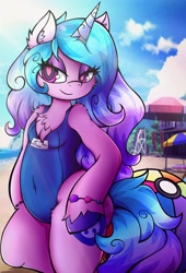 Size: 2793x4096 | Tagged: safe, artist:canvymamamoo, imported from derpibooru, izzy moonbow, semi-anthro, unicorn, beach, beach umbrella, belly button, chest fluff, clothes, crepuscular rays, ear fluff, female, g5, lidded eyes, my little pony: a new generation, one-piece swimsuit, smiling, solo, stupid sexy izzy moonbow, swimsuit, unshorn fetlocks