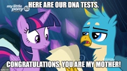 Size: 888x499 | Tagged: safe, edit, edited screencap, imported from derpibooru, screencap, gallus, twilight sparkle, alicorn, griffon, pony, uprooted, alternate universe, caption, discovery family logo, dna test, duo, female, image macro, male, meme, mother and child, mother and son, parent:twilight sparkle, text, twilight sparkle (alicorn)