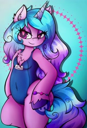 Size: 2793x4096 | Tagged: safe, alternate version, artist:canvymamamoo, imported from derpibooru, izzy moonbow, semi-anthro, unicorn, abstract background, belly button, chest fluff, clothes, ear fluff, female, g5, lidded eyes, my little pony: a new generation, one-piece swimsuit, smiling, solo, stupid sexy izzy moonbow, swimsuit, unshorn fetlocks