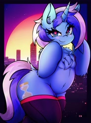 Size: 3024x4096 | Tagged: safe, artist:canvymamamoo, imported from derpibooru, minuette, semi-anthro, unicorn, belly button, blushing, chest fluff, city, clothes, ear fluff, female, frog (hoof), looking at you, raised eyebrow, retrowave, smiling, socks, solo, stockings, thigh highs, underhoof