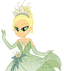 Size: 1024x1139 | Tagged: safe, artist:emeraldblast63, imported from derpibooru, applejack, equestria girls, applejack also dresses in style, bare shoulders, beautiful, clothes, clothes swap, disney, disney princess, dress, evening gloves, gloves, gown, long gloves, motorcross, princess tiana, sleeveless, solo, strapless, the princess and the frog, tiana