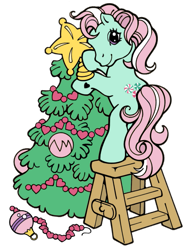 Size: 1005x1319 | Tagged: safe, imported from derpibooru, minty, earth pony, pony, a very minty christmas, bipedal, christmas, christmas star, christmas tree, g3, holiday, lidded eyes, official, ornament, seductive look, simple background, solo, standing, stool, transparent background, tree