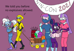 Size: 2096x1432 | Tagged: safe, artist:bugssonicx, imported from derpibooru, princess cadance, sci-twi, trixie, twilight sparkle, twilight velvet, equestria girls, alternate clothes, annoyed, arm behind back, bondage, brightly colored ninjas, cleave gag, cloth gag, dean cadance, explosives, female, gag, group, hair bun, kunoichi, mask, mother and child, mother and daughter, ninja, ponytail, rope, sandals, security guard, tied up