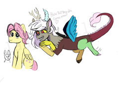 Size: 1600x1200 | Tagged: safe, artist:ladyfranlly, imported from derpibooru, angel bunny, discord, fluttershy, draconequus, pegasus, pony, butterscotch, discoshy, duo, eris, eriscotch, eye clipping through hair, eyebrows, eyebrows visible through hair, female, flying, male, rule 63, shipping, simple background, smiling, spread wings, stallion, straight, white background, wings