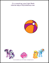 Size: 612x792 | Tagged: safe, imported from derpibooru, applejack, rainbow dash, rarity, twilight sparkle, ball, beach ball, cutie mark, logo