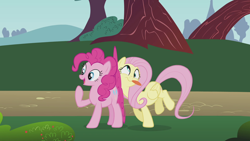 Size: 1920x1080 | Tagged: safe, imported from derpibooru, screencap, fluttershy, pinkie pie, earth pony, pegasus, pony, dragonshy, season 1, cute, derp, duo, duo female, faic, female, mare, pinkie being pinkie, raised hoof, shyabetes, silly, silly pony, tongue out