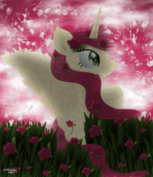 Size: 2100x2432 | Tagged: safe, artist:lincolnbrewsterfan, derpibooru exclusive, imported from derpibooru, roseluck, alicorn, pony, .svg available, alicornified, anastasis, ascension, beautiful, captivating, colorful, ethereal mane, ethereal tail, feather, female, flower, flower field, flower in hair, flowing hair, flowing mane, flowing tail, fur, garden, garden of delights, glowing, grass, grass field, hair, high res, horn, inkscape, lineless, looking up, loose hair, nc-tv signature, pink, pink sky, race swap, raised hoof, red, rose, rosecorn, royalty, shading, sky, solo, spread wings, svg, tail, vector, wings