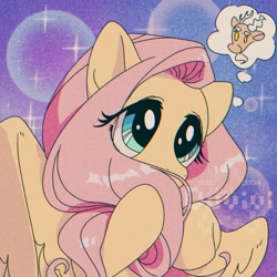 Size: 2000x2000 | Tagged: safe, artist:duvivi, imported from derpibooru, discord, fluttershy, draconequus, pegasus, pony, anime, cute, female, high res, implied discoshy, implied shipping, implied straight, male, sailor moon, shyabetes, solo, sparkles, spread wings, thought bubble, wings