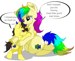 Size: 1280x1046 | Tagged: safe, artist:rainbowtashie, imported from derpibooru, oc, oc:rainbow tashie, oc:tommy the human, alicorn, earth pony, pony, alicorn oc, australia, bipedal, child, colt, commissioner:bigonionbean, crying, cute, cutie mark, daaaaaaaaaaaw, dialogue, duo, female, horn, hug, hugging a pony, male, mare, nintendo, nintendo 64, simple background, tears of joy, teary eyes, transparent background, wings, writer:bigonionbean