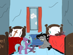 Size: 2048x1536 | Tagged: safe, artist:chanyhuman, idw, imported from derpibooru, king sombra, radiant hope, crystal pony, pony, unicorn, bed, bedroom, coed, colt, cute, deviantart, female, filly, foal, male, playing, roommates, toy, window