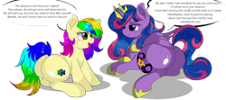 Size: 1920x851 | Tagged: safe, artist:rainbowtashie, imported from derpibooru, oc, oc:queen galaxia (bigonionbean), oc:rainbow tashie, alicorn, earth pony, pony, alicorn oc, alicorn princess, butt, commissioner:bigonionbean, crown, cute, cutie mark, dialogue, dummy thicc, duo, earth pony oc, extra thicc, female, flank, fusion, fusion:princess cadance, fusion:princess celestia, fusion:princess luna, fusion:twilight sparkle, horn, jewelry, mare, nintendo, nintendo 64, plot, regalia, royalty, simple background, tired, transparent background, wings, writer:bigonionbean