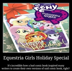 Size: 500x487 | Tagged: safe, idw, imported from derpibooru, applejack, fluttershy, pinkie pie, rainbow dash, rarity, sunset shimmer, equestria girls, spoiler:comic, spoiler:comicholiday2014, comic, everything went better than expected, inspiration, motivational poster, opinion