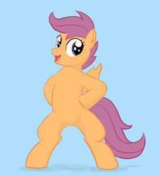 Size: 1290x1418 | Tagged: safe, artist:seidouryu, edit, imported from derpibooru, scootaloo, pegasus, pony, bipedal, cropped, female, hooves on hips, mare, smiling, solo