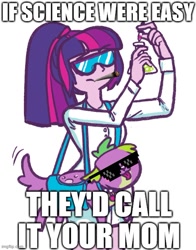 Size: 500x639 | Tagged: safe, artist:mcponyponypony, editor:super trampoline, imported from derpibooru, sci-twi, spike, spike the regular dog, twilight sparkle, dog, equestria girls, blunt, burn, carl sagan, clothes, dropper, erlenmeyer flask, flask, goggles, impact font, lab coat, meme, ponified meme, purse, safety goggles, science, simple background, sunglasses, white background, your mom