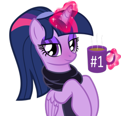 Size: 2595x2488 | Tagged: safe, artist:severity-gray, imported from derpibooru, twilight sparkle, alicorn, pony, alternate hairstyle, blushing, bust, clothes, coffee, coffee mug, eyeshadow, implied shipping, implied tempestlight, looking at you, magic, magic aura, makeup, mug, ponytail, scarf, simple background, solo, transparent background, twilight sparkle (alicorn)