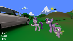 Size: 1920x1080 | Tagged: safe, artist:ponygamer2020, artist:ponygamersfm, imported from derpibooru, spike, starlight glimmer, twilight sparkle, alicorn, dragon, pony, unicorn, 3d, car, female, male, mare, ponyville, source filmmaker, surprised, sweat, tail, trio, twilight sparkle (alicorn), winged spike, wings