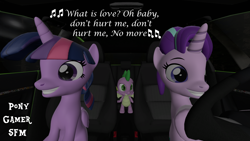 Size: 1920x1080 | Tagged: safe, artist:ponygamer2020, artist:ponygamersfm, imported from derpibooru, spike, starlight glimmer, twilight sparkle, alicorn, dragon, pony, unicorn, 3d, car, cute, driving, female, glimmerbetes, grin, haddaway, lyrics, male, mare, night at the roxbury, roxbury boys, saturday night live, sitting, smiling, song reference, source filmmaker, spikabetes, text, trio, twiabetes, twilight sparkle (alicorn), what is love, wings