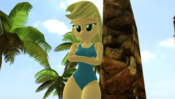 Size: 1920x1080 | Tagged: safe, artist:mr.uberrebu25, imported from derpibooru, applejack, equestria girls, 3d, beach, beach babe, blue swimsuit, breasts, busty applejack, clothes, hips, leotard, one-piece swimsuit, solo, swimsuit, thick