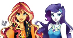 Size: 1080x564 | Tagged: dead source, safe, artist:princeivythefirst, imported from twibooru, rarity, sunset shimmer, equestria girls, equestria girls series, bust, clothes, cutie mark, cutie mark on clothes, dreamworks face, eyeshadow, geode of shielding, hairpin, image, jacket, lipstick, magical geodes, makeup, needs more jpeg, portrait, simple background, sleeveless, white background