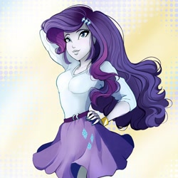 Size: 1080x1080 | Tagged: dead source, safe, artist:princeivythefirst, imported from twibooru, rarity, equestria girls, abstract background, belt, bracelet, clothes, eyeshadow, hairpin, image, jewelry, makeup, needs more jpeg, painted nails, shirt, skirt