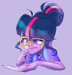 Size: 1080x1124 | Tagged: safe, artist:wicked-red-art, imported from twibooru, sci-twi, twilight sparkle, equestria girls, glasses, hair bun, image, needs more jpeg, paper, simple background, thinking, tongue out