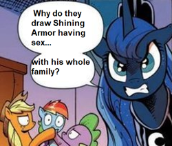 Size: 479x406 | Tagged: safe, imported from derpibooru, applejack, princess luna, rainbow dash, spike, angry, exploitable meme, implied flurry heart, implied gay, implied incest, implied night light, implied princess cadance, implied princess flurry heart, implied shining armor, implied straight, implied twilight sparkle, implied twilight velvet, luna is not amused, meme, unamused