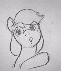 Size: 1397x1649 | Tagged: safe, artist:anonymous, applejack, earth pony, pony, check em, drawthread, monochrome, open mouth, pointing, simple background, traditional art
