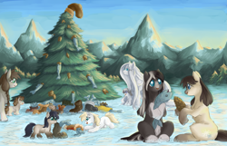 Size: 4493x2894 | Tagged: safe, artist:snspony, oc, oc only, oc:cirrus wisp, oc:dry kindling, oc:frosty flakes, oc:niveous, oc:pine ponder, oc:river bed, oc:still lake, oc:whittlehoof, fish, pony, boot, female, filly, holiday, mare, mountain, pinecone, snowpony (species), taiga pony, tree