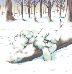 Size: 3604x3718 | Tagged: safe, artist:anonymous, oc, oc only, oc:lichen, pony, blushing, eye clipping through hair, female, log, mare, snow, snowfall, snowpony (species), solo, sunrise, taiga pony, tree