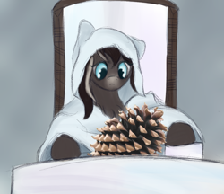 Size: 1022x883 | Tagged: safe, artist:ahorseofcourse, oc, oc only, oc:pine ponder, pony, blaze (coat marking), chest fluff, cloak, clothes, drawthread, female, floppy ears, mare, meme, pinecone, pondering, ponified, snowpony (species), solo, taiga pony